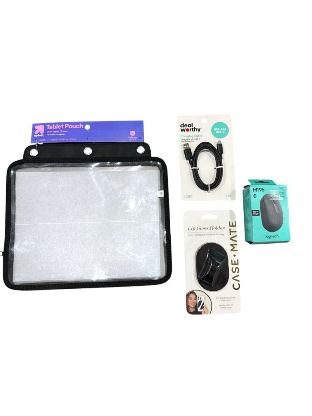 4pcs. Up & Up Tablet Pouch, Logitech M196 Mouse, Deal Worthy USB-C Cable, & Case